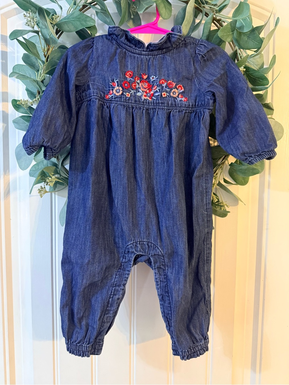 💫4/$25 • GAP Denim Romper with Red Floral Embroidery